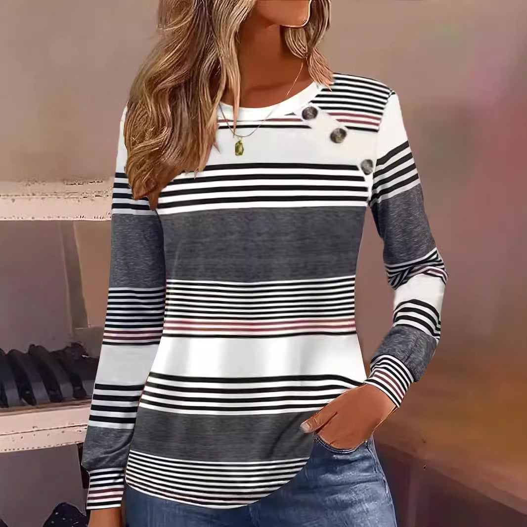 Casual Button Striped Long Sleeve Women's T-shirt
