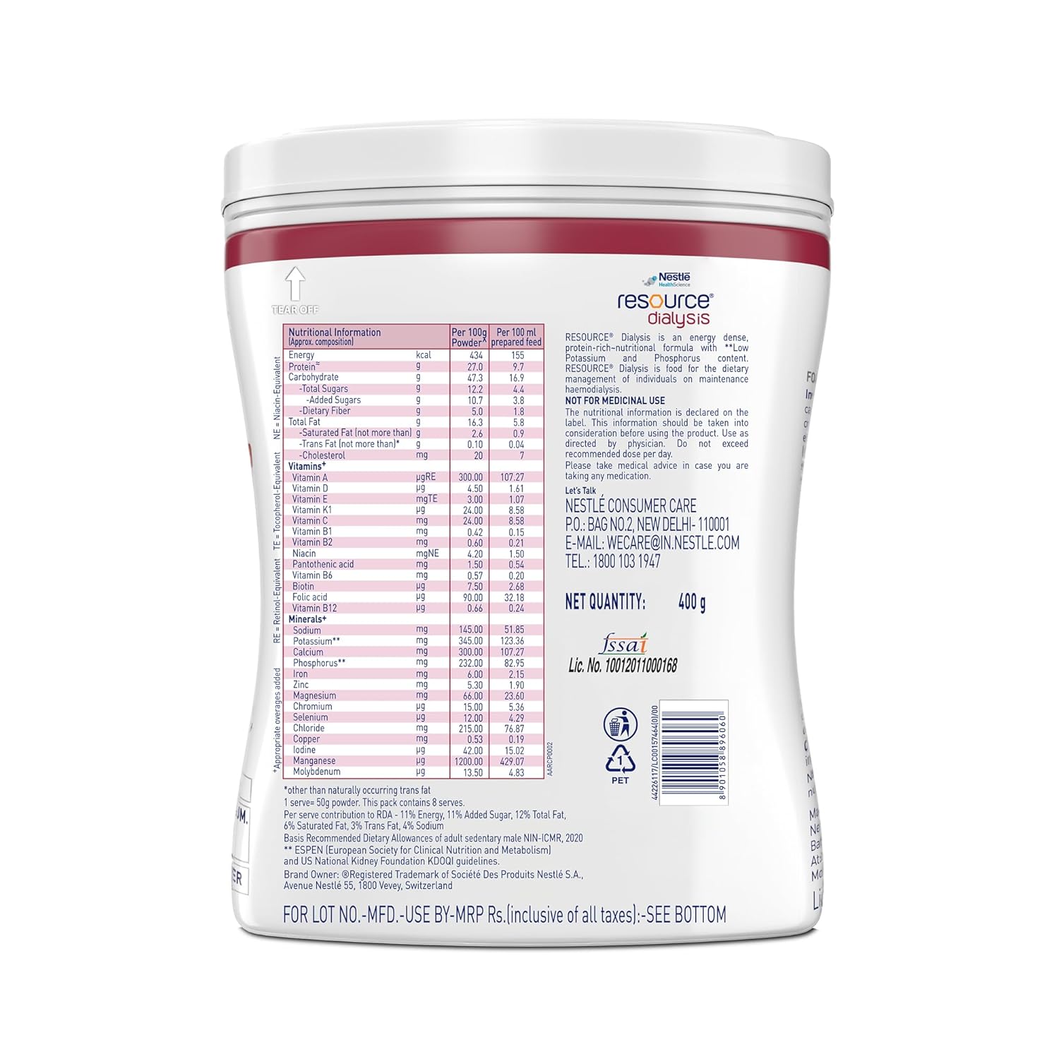 Nestle Health Science,RESOURCE, Dialysis, Food For Dietary Management, Vanilla Flavour, 400g, Pet Ja