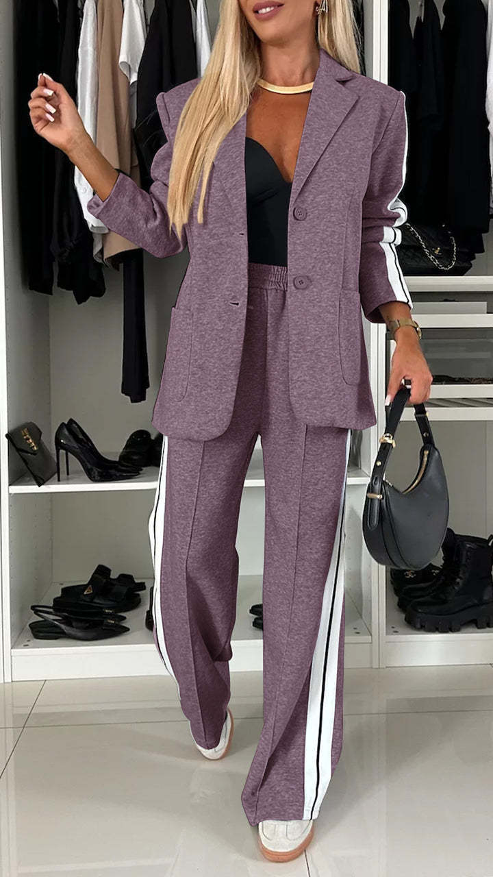 Women's Casual Suit Lapel Single-breasted Jacket And Striped Straight Pants Fashion Sports Trousers Suit Outerwears Clothing