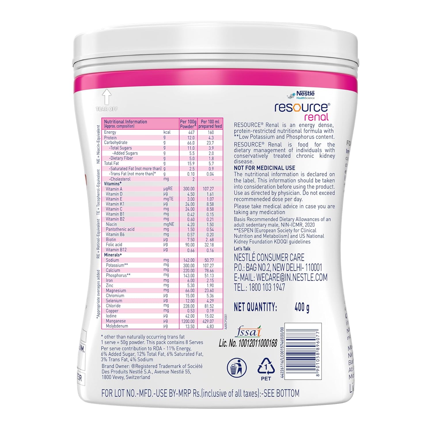 Nestle Health Science, Resource, Renal,Food For Dietary Management, Vanilla Flavour- 400g