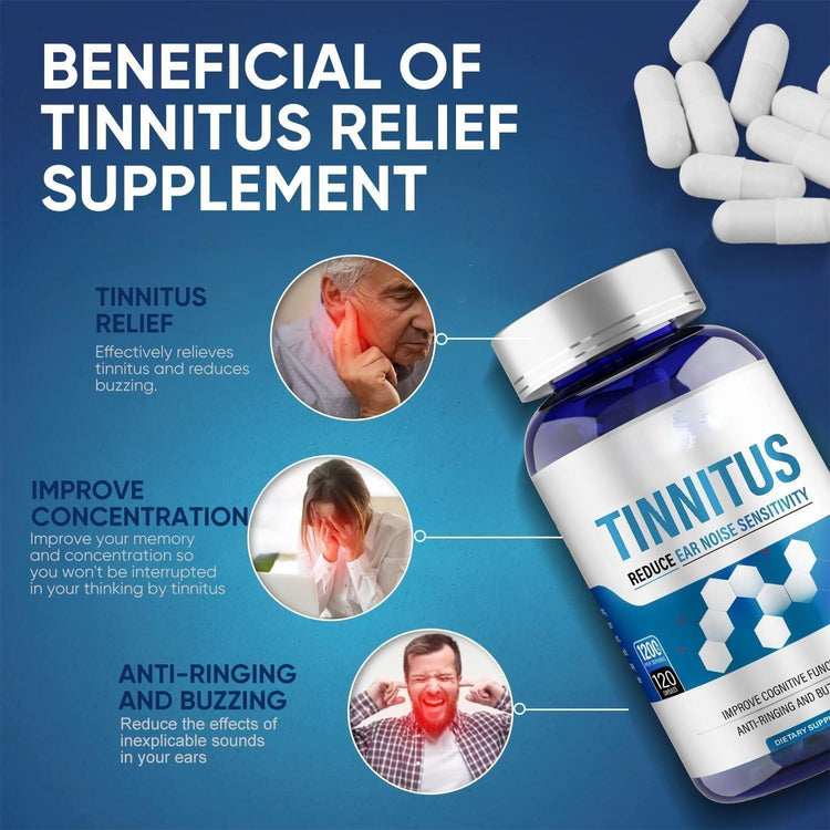 Tinnitus relief supplement bottle with text and images on a blue background