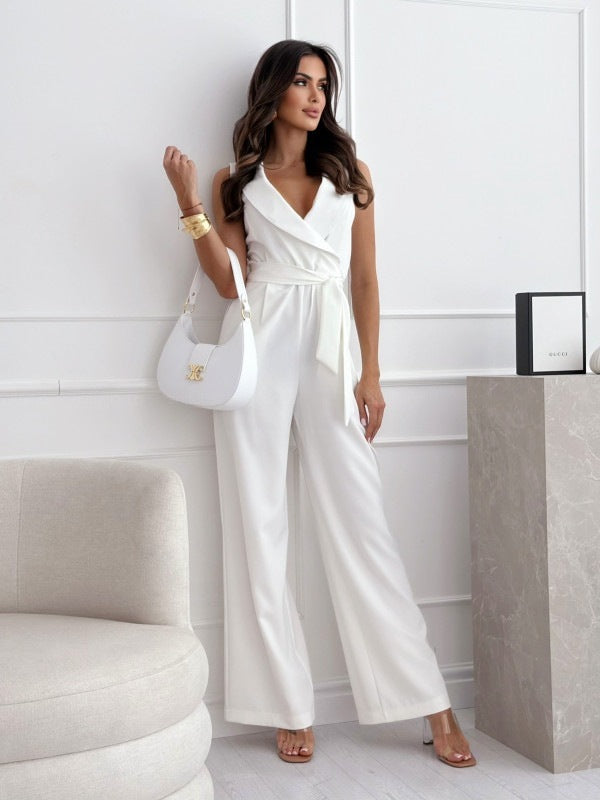 V-neck Sleeveless Jumpsuit With Belt Design Summer Fashion Trousers Women's Clothing