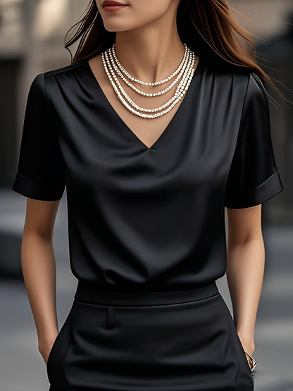 Summer Solid Color Pendant Small V-neck Short-sleeved Shirt Comfortable All-matching