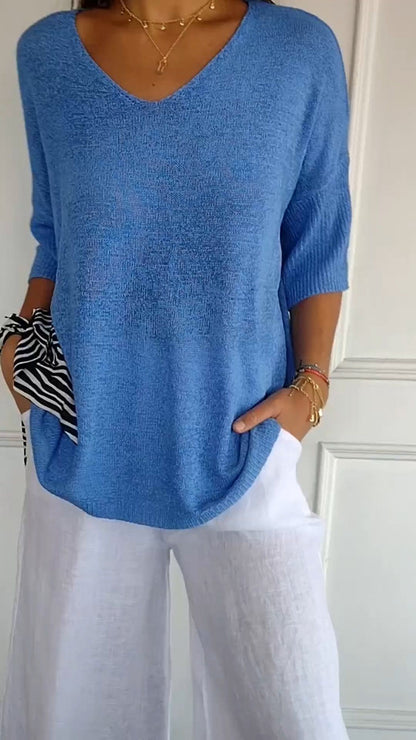 Solid Long Sleeve Sweater Slimming V-neckline Knitwear Women&
