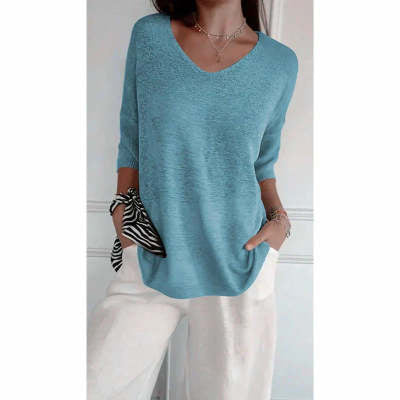 Solid Long Sleeve Sweater Slimming V-neckline Knitwear Women&