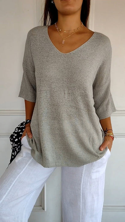 Solid Long Sleeve Sweater Slimming V-neckline Knitwear Women&