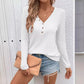 Waffle V-neck Buttons Long Sleeve T-shirt