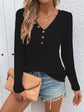 Waffle V-neck Buttons Long Sleeve T-shirt