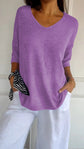 Solid Long Sleeve Sweater Slimming V-neckline Knitwear Women&
