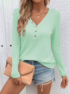 Waffle V-neck Buttons Long Sleeve T-shirt