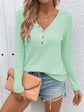 Waffle V-neck Buttons Long Sleeve T-shirt