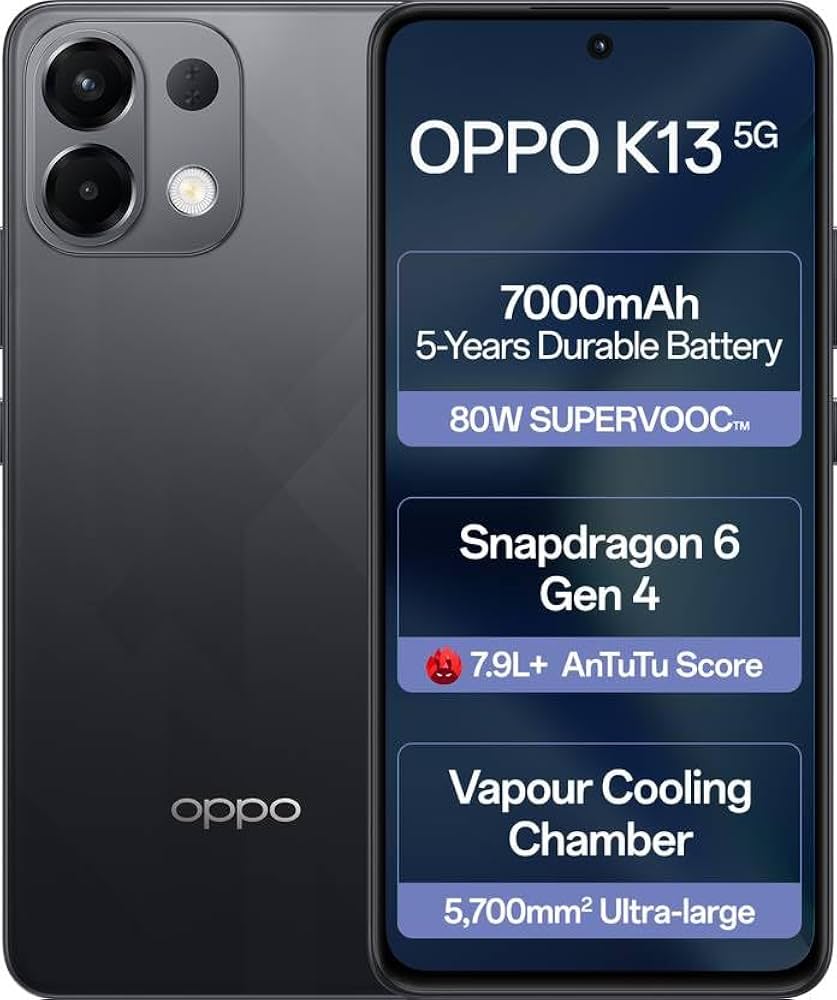 OPPO K13 5G with 7000mAh and 80W SUPERVOOC Charger In-The-Box unlocked (Prism Black, 256 GB)  (8 GB RAM)
