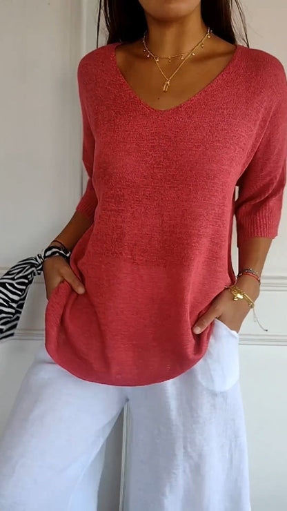 Solid Long Sleeve Sweater Slimming V-neckline Knitwear Women&