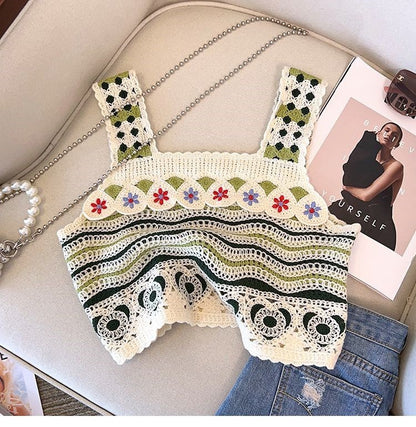 Hollow Knitted Short Inner Knitted Embroidery Sexy Small Sling Vest