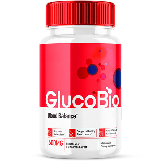 GlucoBio supplement bottle with red cap and label on a white background