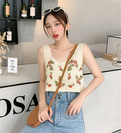 Hollow Knitted Short Inner Knitted Embroidery Sexy Small Sling Vest