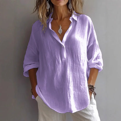 Fashion Long-sleeved Lapel Pullover Shirt Casual Loose Solid Color T-shirt Tops Women&
