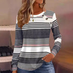 Casual Button Striped Long Sleeve Women's T-shirt