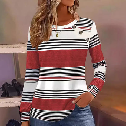 Casual Button Striped Long Sleeve Women&