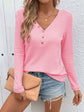 Waffle V-neck Buttons Long Sleeve T-shirt