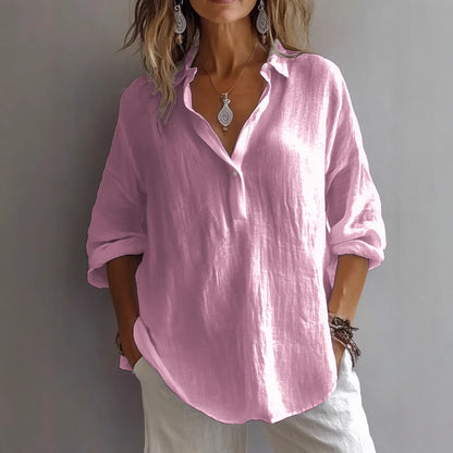 Fashion Long-sleeved Lapel Pullover Shirt Casual Loose Solid Color T-shirt Tops Women&