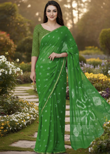 Woman in a green saree standing in a garden