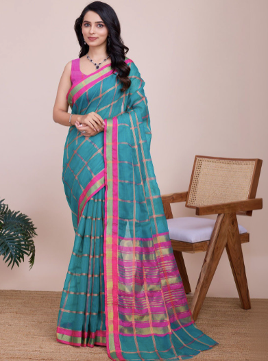 Woman wearing a teal and pink saree with a chair and plant in the background