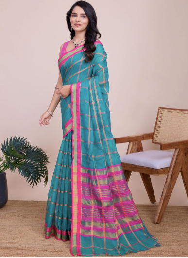 Woman wearing a teal and pink saree with a chair and plant in the background