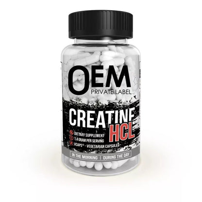 Bottle of OEM Creatine HCL dietary supplement on a white background