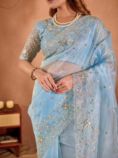Woman wearing a light blue saree with intricate designs, holding a clutch.