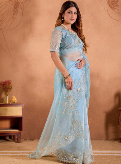 Woman wearing a light blue saree with a matching blouse against a beige background