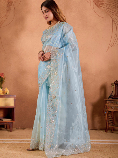 Woman wearing a light blue saree with a beige background