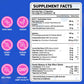 Supplement facts label with icons indicating non-GMO, vegan, dairy-free, sugar-free, soy-free, and GMP certification on a blue background.