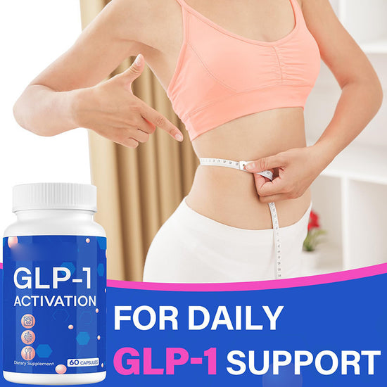 Woman measuring waist with GLP-1 activation supplement in foreground