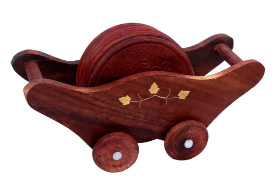 Jtku Handicraft01 Wooden Trolley Shaped Handmade Tea Coaster Set (Set of 6)