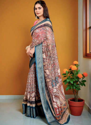 Woman wearing a traditional saree with a plant in the background