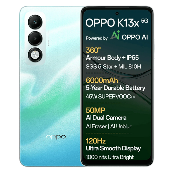 OPPO K13x 5G 6000 mAh et chargeur SUPERVOOC 45 W avec IA ||déverrouillé|| (Bleu Brise, 128 Go) (6 Go de RAM)