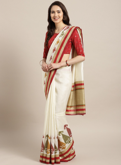 Off-White_Maroon Solid Kasavu Saree