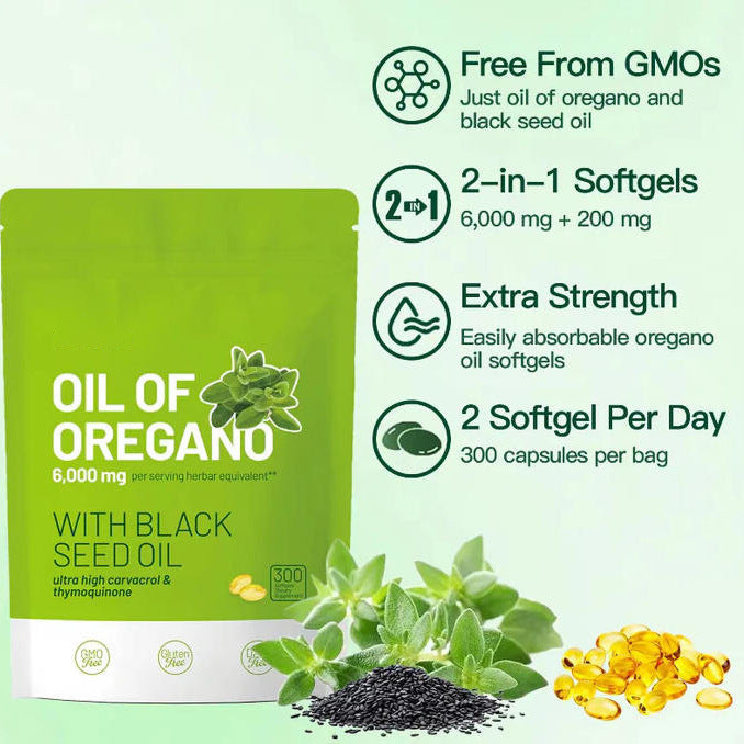 Oil of Oregano supplement package with green background and product details.