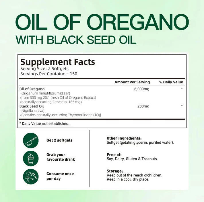 Supplement label for Oil of Oregano with Black Seed Oil on a green background