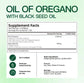 Supplement label for Oil of Oregano with Black Seed Oil on a green background