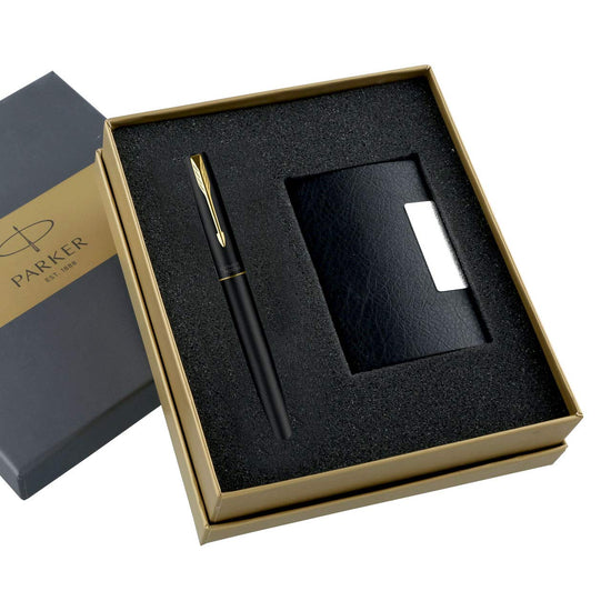 Parker Gift Set Frontier Matte Black Gold Trim Roller Ball Pen