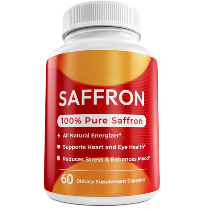 Bottle of saffron supplements with a red label on a white background