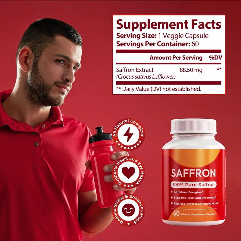 Man holding a supplement bottle with saffron extract on a red background