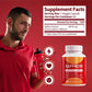 Man holding a supplement bottle with saffron extract on a red background