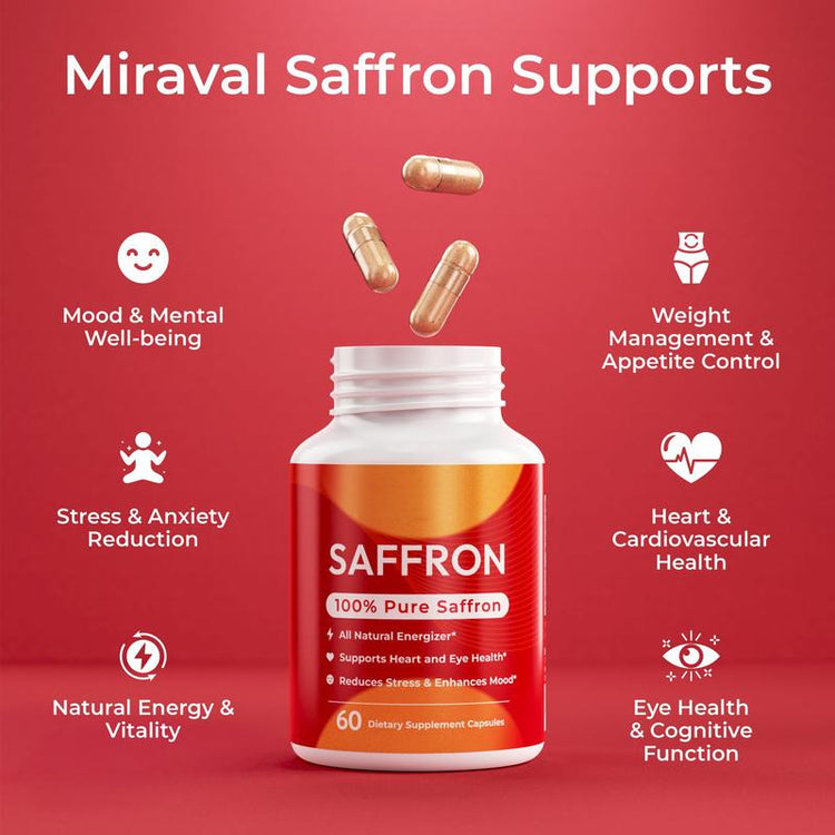 Miraval Saffron supplement bottle with capsules on a red background