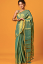 Green saree Solid saree with no border border