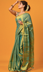 Green saree Solid saree with no border border