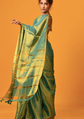 Green saree Solid saree with no border border