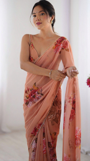 Floral Printed Beads and Stones Saree